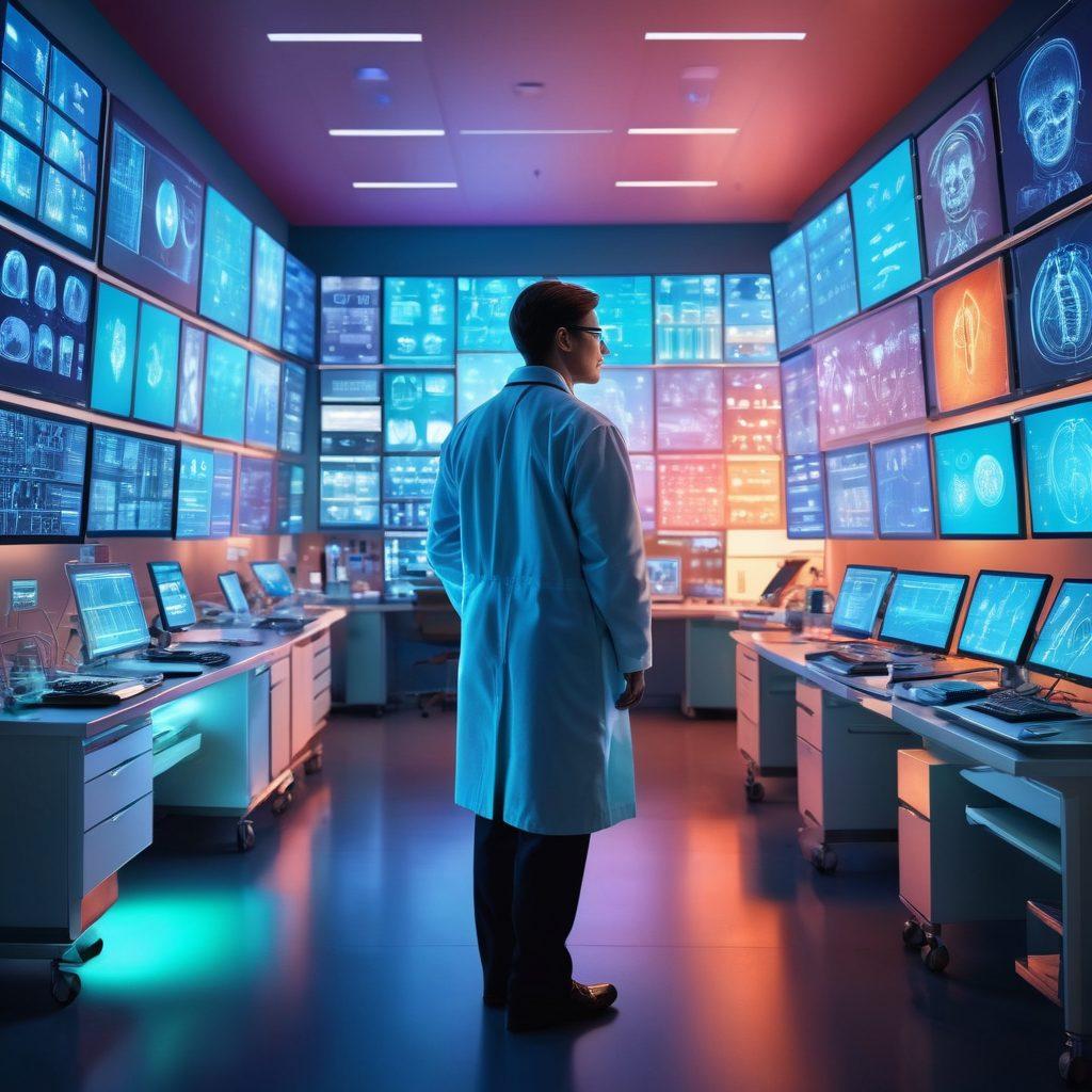 A futuristic medical researcher engaged in multitasking with high-tech devices and digital interfaces, showcasing data analysis and patient care. In the background, a blend of a hospital setting and a virtual world filled with pharmaceutical innovations. Bright, optimistic colors to symbolize hope and progress in healthcare. super-realistic. vibrant colors. digital art.