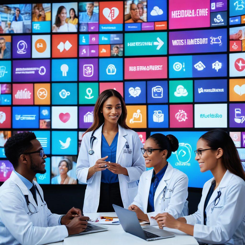 A diverse group of people engaged in a lively discussion about health and pharmaceuticals, surrounded by vibrant digital screens displaying online health content. Include elements like pills, medical symbols, and social media icons to represent the intersection of healthcare and digital communication. Bright, inviting colors to create an atmosphere of empowerment and knowledge-sharing. 3D art style. vibrant colors.